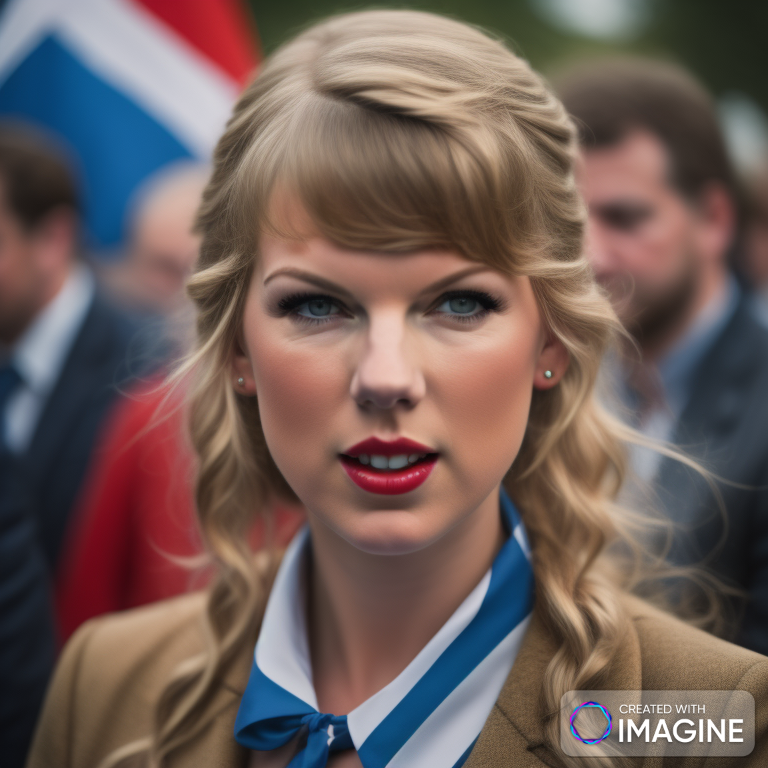 AI generated image of Taylor Swift with suited men and Scottish flag in background