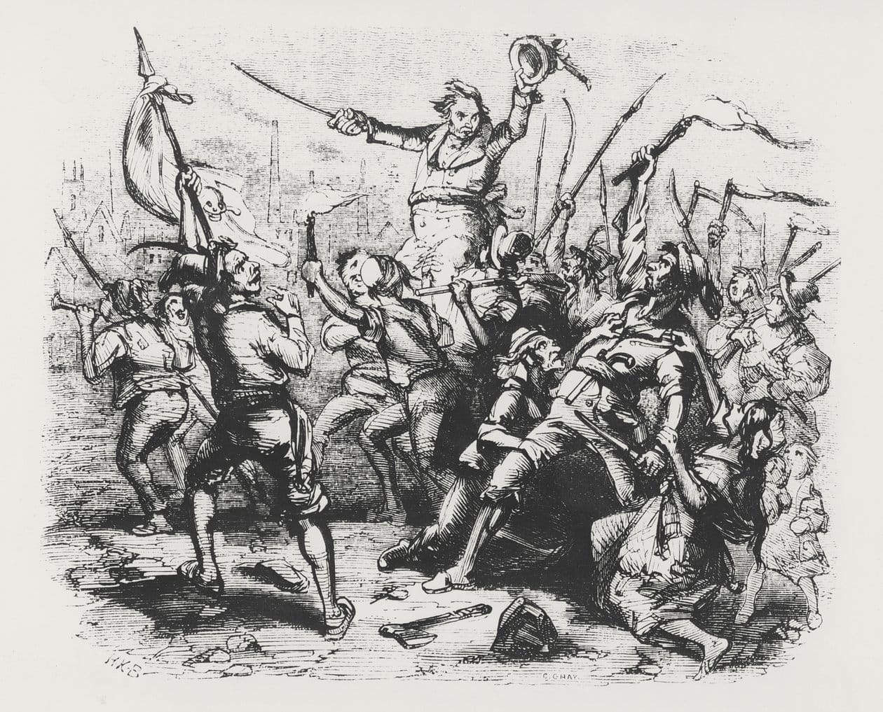 luddites with flaming torches and scythes led by man with a sword