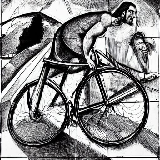 AI genereated black and white image of berded man on a bike