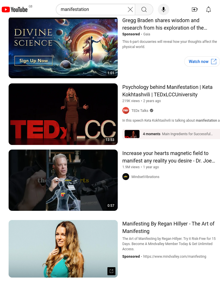 screenshot of youtube search result for manifesting showing four top video returns