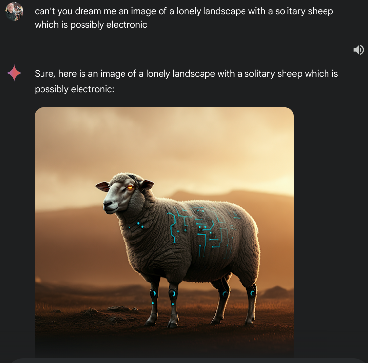 AI generated image of a sheep in a desert landscape with distant hills. Sheep has glowing orange eyes and blue electronic pathways on its side