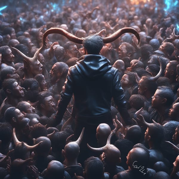 Ai generated image of man in black jacket with wildebeast horns, back to camera above a crowd of horned people