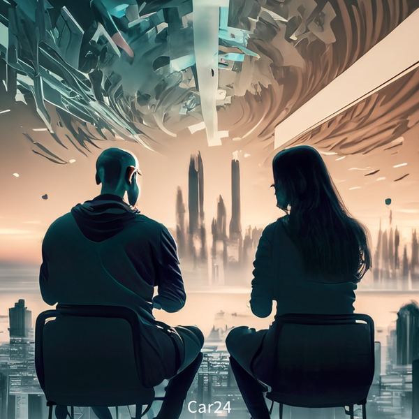 Bald man and long haired woman sit in chairs facing away towards a futuristic peach and grey cityscape