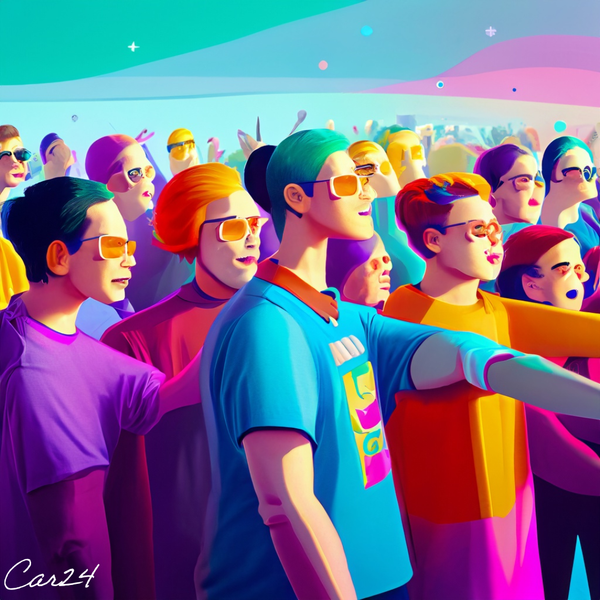 Crowd of people wearing glasses dressed in bright t-shirts under a blue an pink sky looking right 