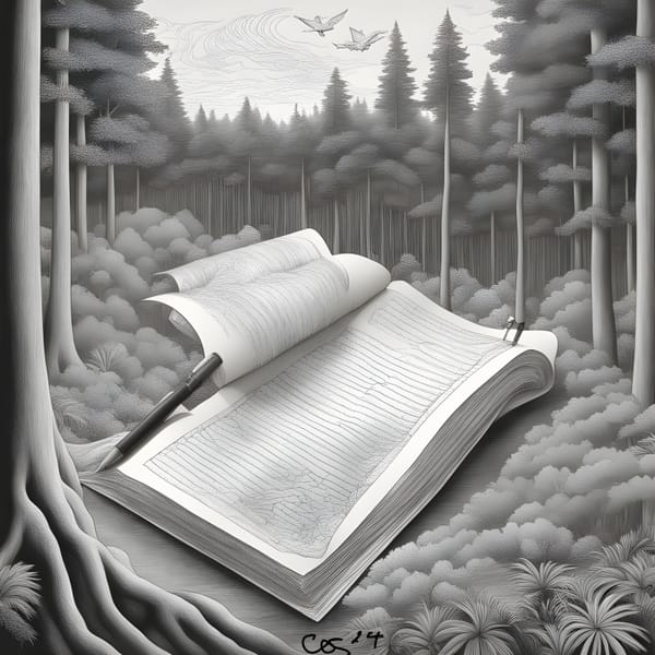 book with some torn and folded back pages to the left held by a a pencil. Book sits at foot of tree amid shrubs in a forest