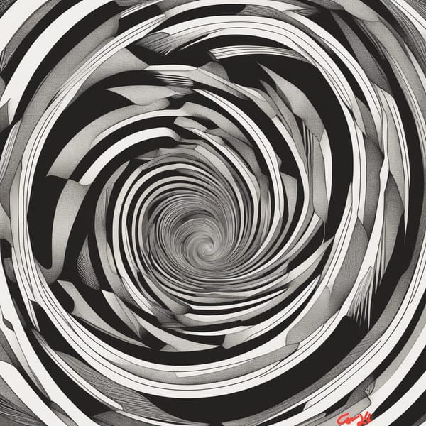 swirling black and white vortex of black, white and grey pen drawn shapes spiralling into middle distance