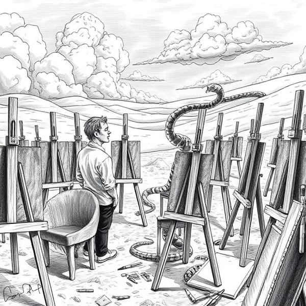 black and white drawing desert setting. Man leaning on chair surrounded by easels facing a large snake